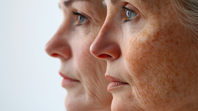 Side profile of a young woman and an older woman illustrating aging and skin changes