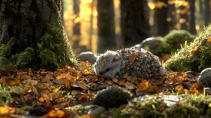 A small creature camouflaged among autumn leaves in a serene forest setting.