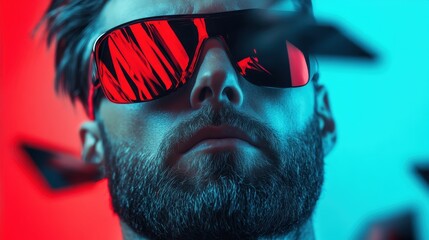 A cool and stylish man with a beard, wearing red glasses, stands confidently amid a blurred, dynamic background, showcasing modern fashion and confidence.