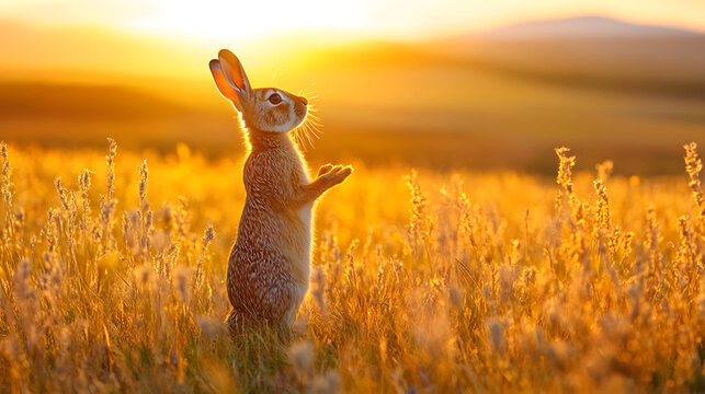 A Curious Springhare Sniffing the Air Against the Beautiful Backdrop of Rolling Hills at Sunset