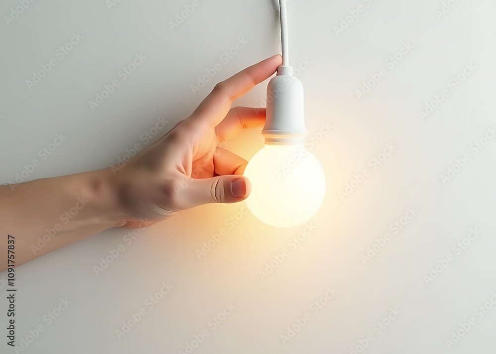 Poster a human hand grasps an illuminated electric light bulb, situated against a pure white surface in a c