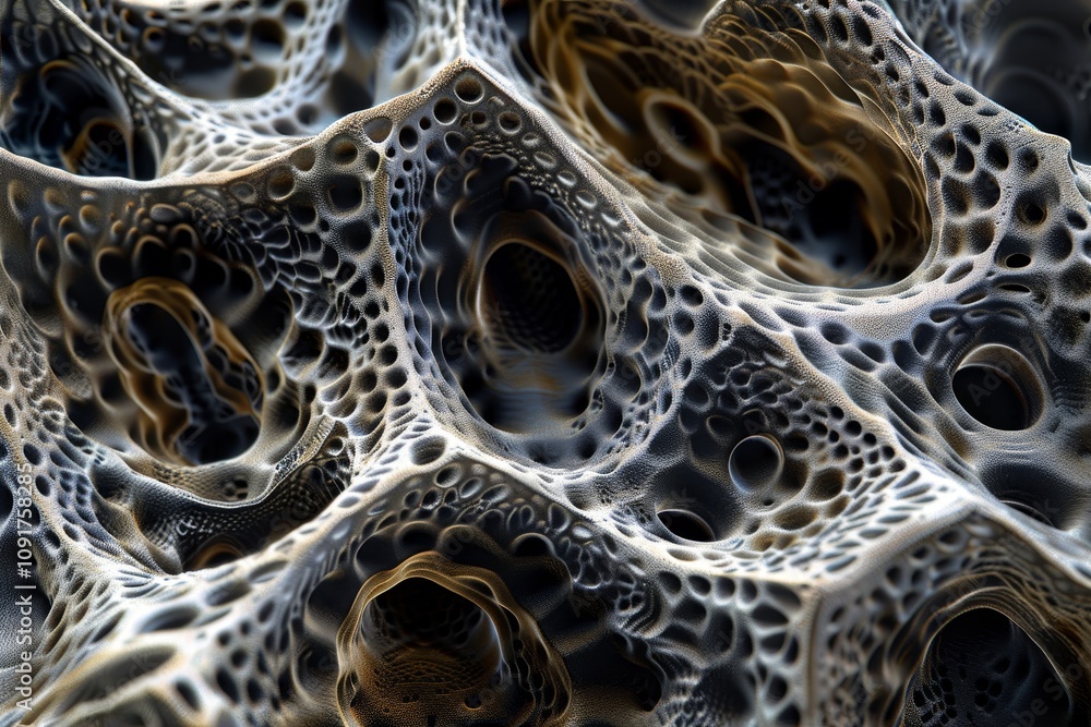 Poster fascinating view of a complex microscopic structure highlighting detailed patterns and textures, rev