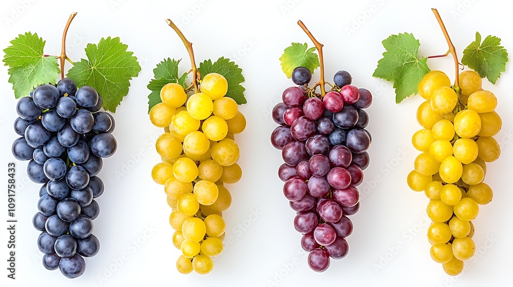 Poster Colorful Bunches Of Grapes Varieties Displayed In Row On White Background : Generative AI