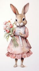 Obraz premium Whimsical Watercolor Rabbit in Dress Holding Tulips, Spring Floral Illustration Generative AI