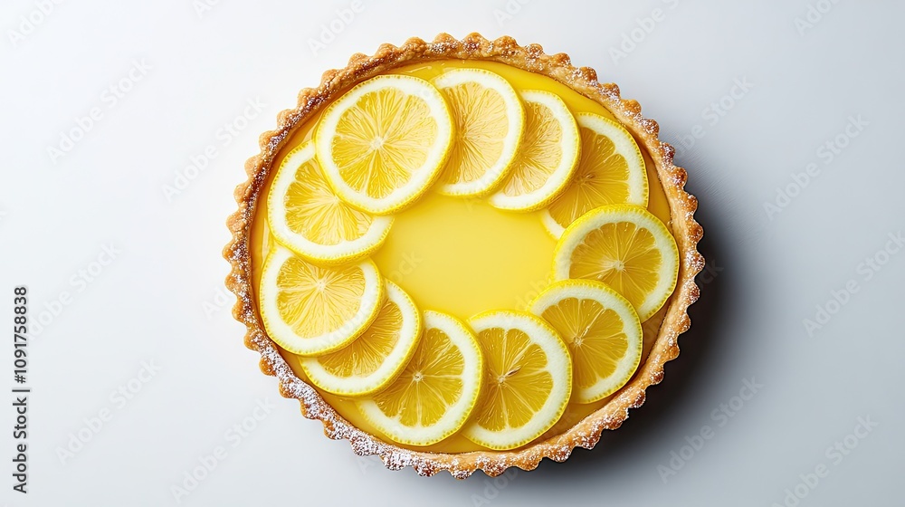 Poster delightful lemon tart adorned with intricate lemon slices and a dusting of sugar against a bright ba