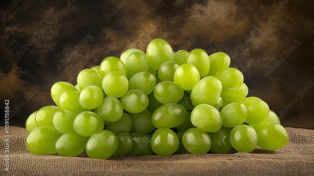 Aufkleber Fresh Green Grapes Piled on Burlap with Rustic Background : Generative AI