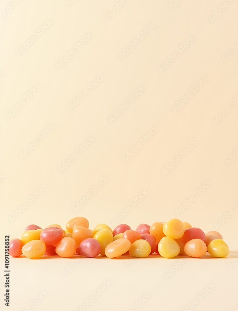Poster Colorful caramel candies arranged neatly on a clean white background were created using artificial intelligence technology by a generative AI.