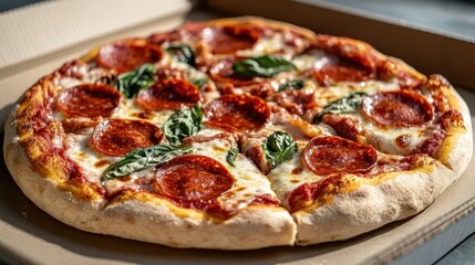 A close-up of a classic pepperoni pizza featuring savory pepperoni slices, melted mozzarella cheese, and fresh basil leaves on a handmade crust in a pizza box.