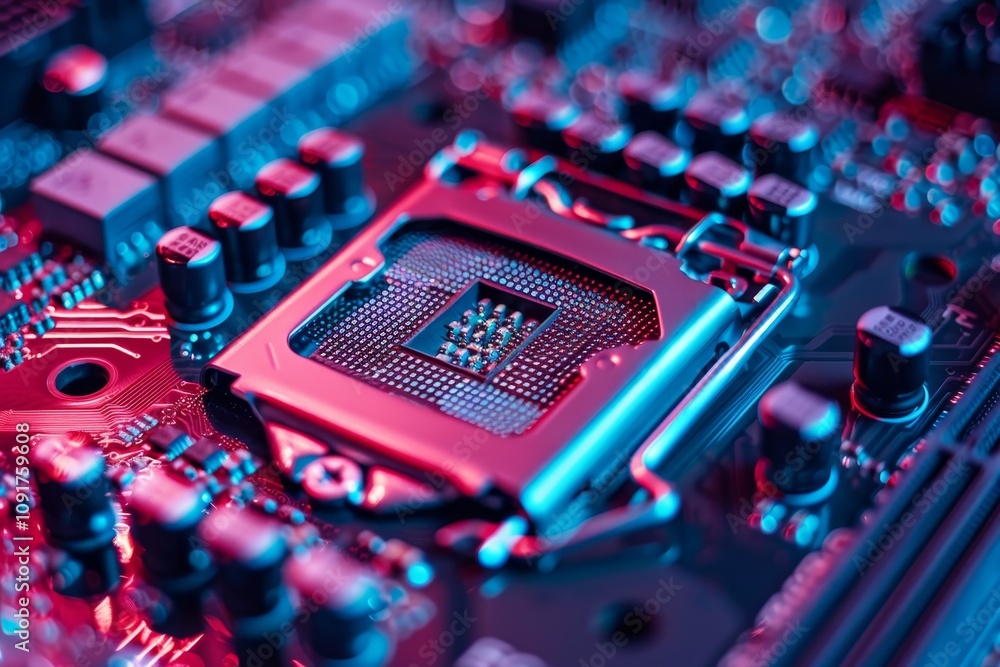 Poster this intricate close-up reveals a computer motherboard with a processor socket at its center, illumi