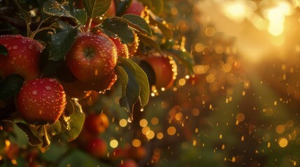 Golden hour sunlight glistens on rain covered apples hanging from a branch