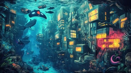 Naklejka premium A graffiti mural of a futuristic city underwater, with glowing buildings and sea creatures swimming through.