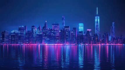 Obraz premium Neon-Lit Skyscrapers Reflecting in a Calm Harbor at Night