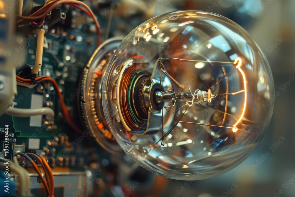 Poster a vintage light bulb with a glowing filament is showcased against a backdrop of intricate circuit bo