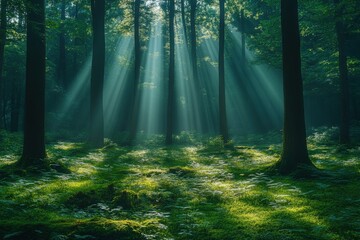 Fototapeta premium Sunlight shining through the trees in a forest with moss