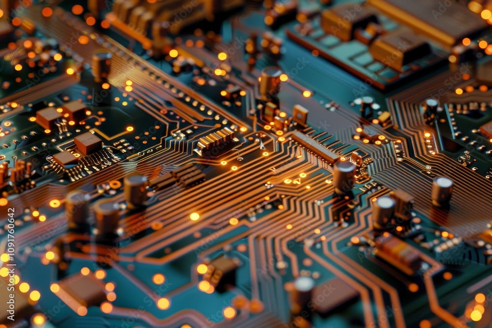 Poster detailed examination of an electronic circuit board illuminated by small lights, highlighting the co