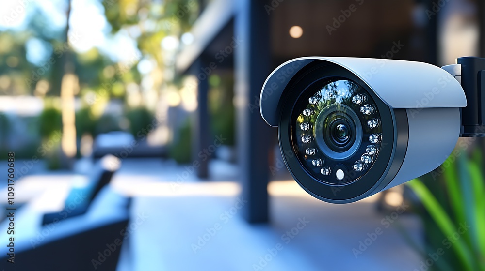 Poster high-tech outdoor security camera in focus against stylish home background : generative ai