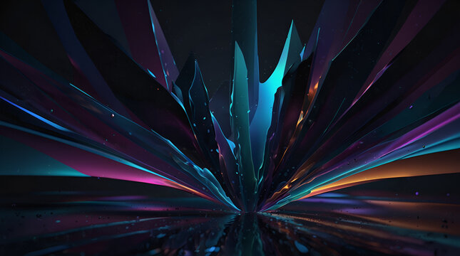 Get lost in the depths of an abstract iridescent shape, surrounded by a dark and alluring design. With a 3D render, this piece will transport you to another world - Sharp Shapes - Generative AI