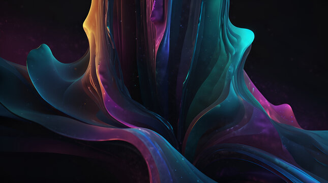 A mesmerizing abstract shape with iridescent hues, floating in a dark and mysterious background. Rendered in stunning 3D for a truly immersive experience - Wavy Shapes - Generative AI