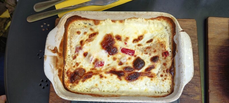 Close-up of a baked lasagna dish with red peppers