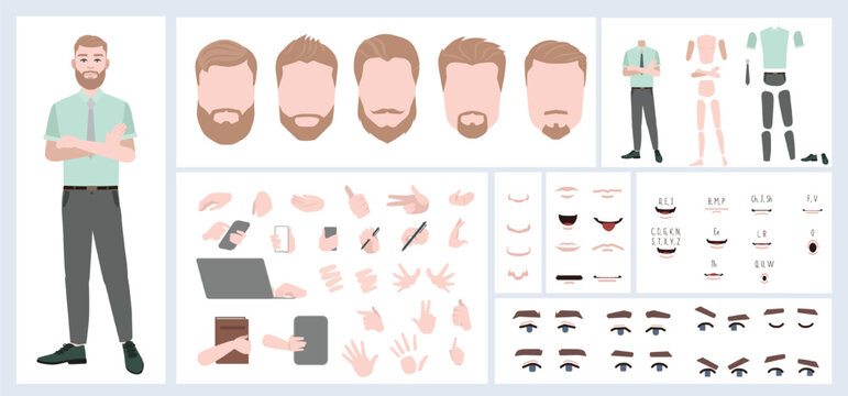 Business man avatar creation suitable for animation. Generator, constructor of diverse views of face, body, hands and leg parts. Male character construction for comfortable fast motion design.