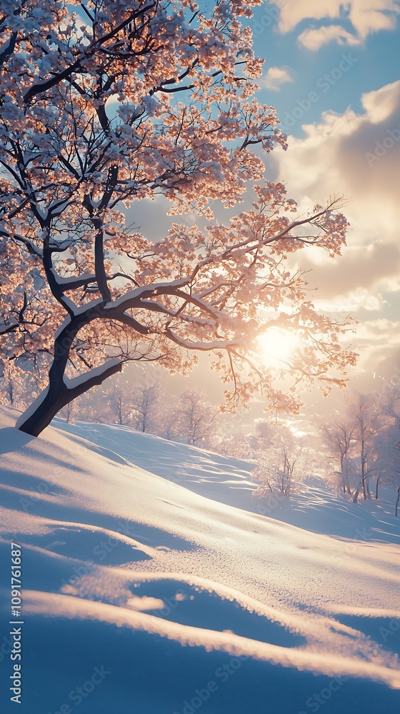 Poster scenic winter wonderland with snowy trees and sunlight on snow : generative ai