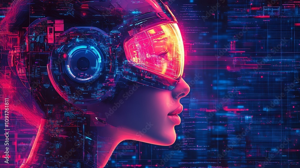 Aufkleber futuristic cybernetic woman with visor exploring digital realm in neon colors : generative ai