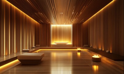 A Serene Interior of a Modern Spa Lounge Featuring Wooden Structures and Soft Lighting, Inviting Relaxation in a Tranquil Environment