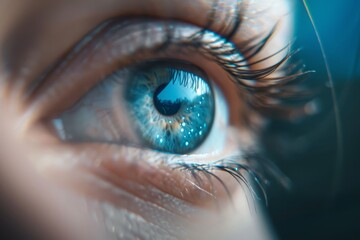 A detailed view of a human eye reveals striking blue hues and intricate textures of the iris, enhanced by focused lighting in a serene setting.