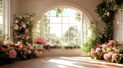 Fototapeta premium Sunlit room adorned with vibrant pink and white flowers, AI