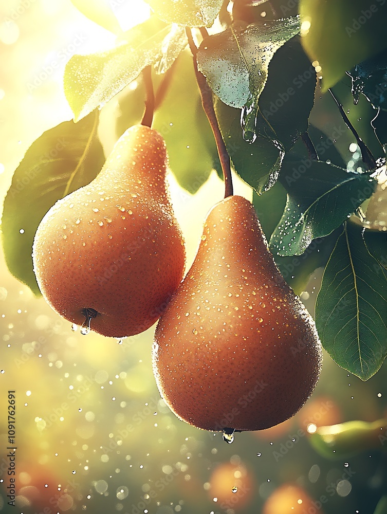 Poster sunlit pears on branch with morning dew in orchard : generative ai