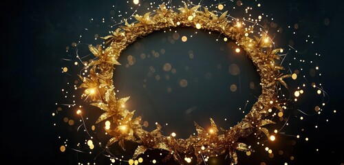 Festive design of a grunge gold wreath encircled with twinkling lights against a deep black background.