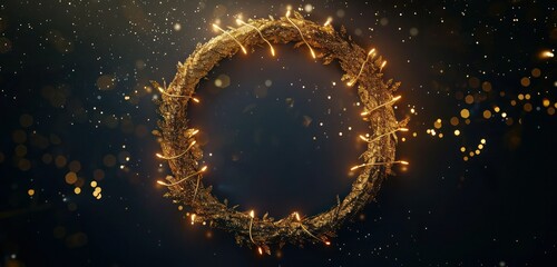 Festive design of a grunge gold wreath encircled with twinkling lights against a deep black background.
