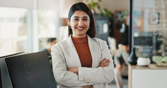 Confident, smile and woman with arms crossed, office and paralegal for law firm, portrait and happy. Corporate person, joy and legal assistant in business, proud and technology for professional