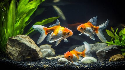 Graceful goldfish pair swimming amid vibrant aquarium plants and colorful stones : Generative AI