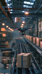 Obraz premium Autonomous Drone Delivering Packages in a High-Tech Industrial Setting for Modern Logistics