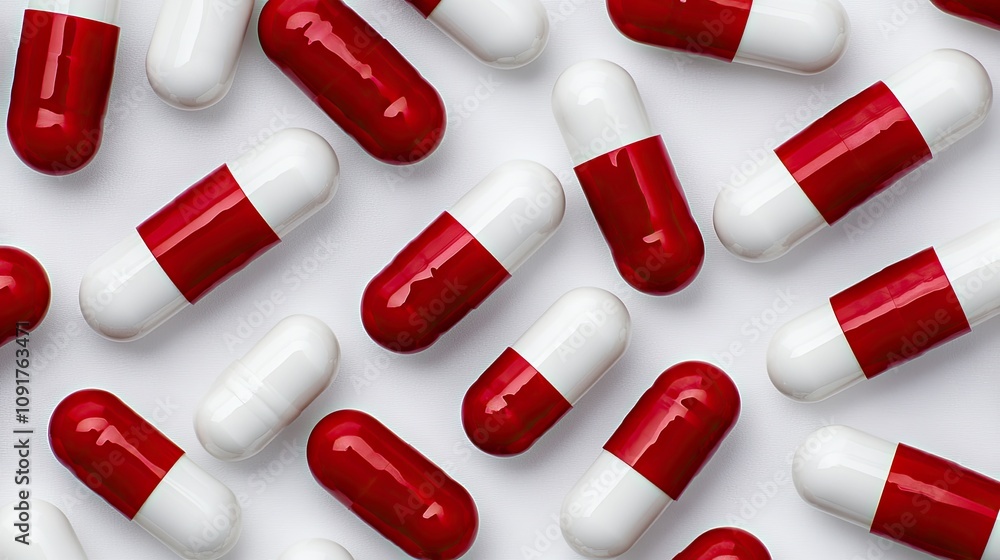 Poster red and white capsules arranged in an artistic pattern, showcasing color and symmetry in a minimalis