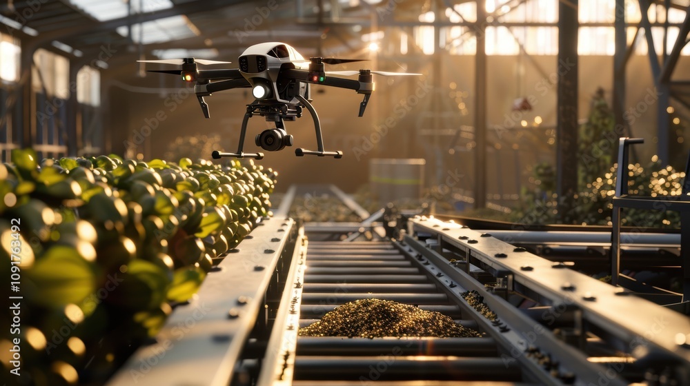 Poster advanced drone technology in agricultural processing and crop sorting innovation