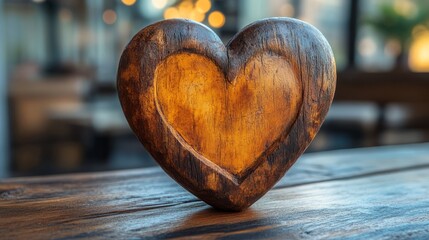 Fototapeta premium A beautifully carved wooden heart rests on a rustic table, emanating warmth and affection in a softly lit space, creating a cozy and inviting atmosphere