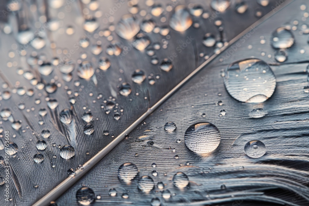 Poster water droplets cling to a dark feather, highlighting its unique textures and structures, while soft 