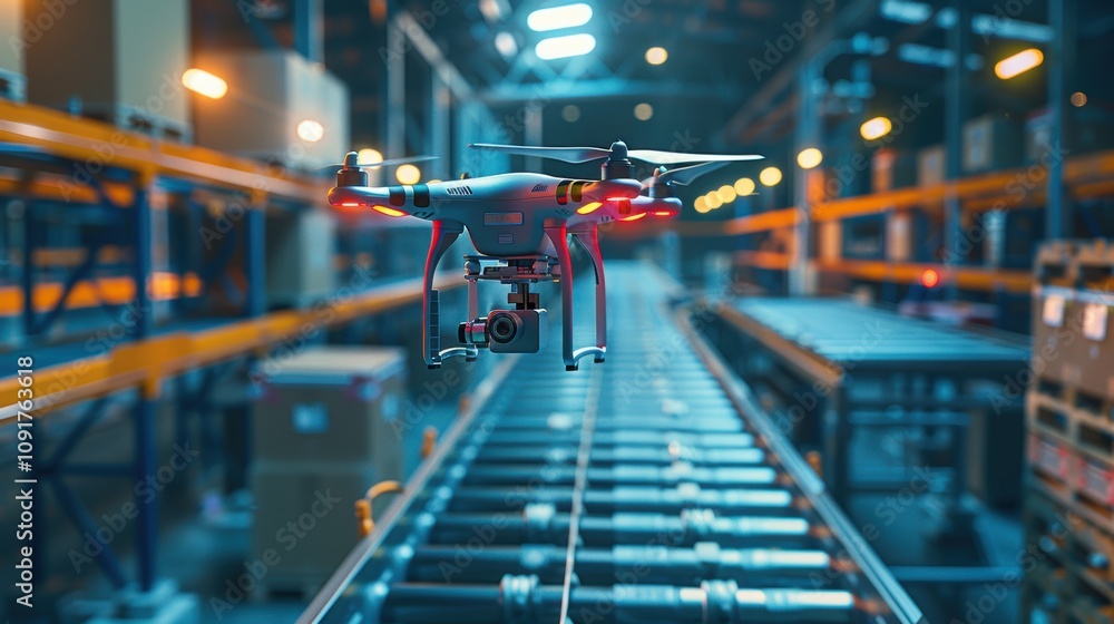 Poster high-tech drone navigating warehouse for inventory management and automation