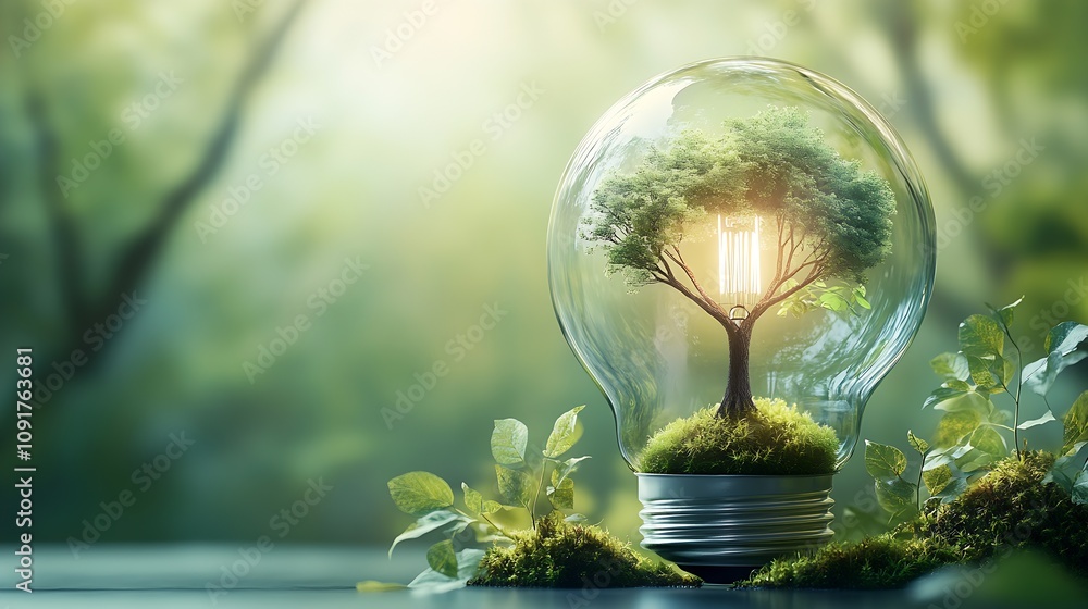 Aufkleber eco innovation concept featuring tree inside light bulb in forest setting : generative ai