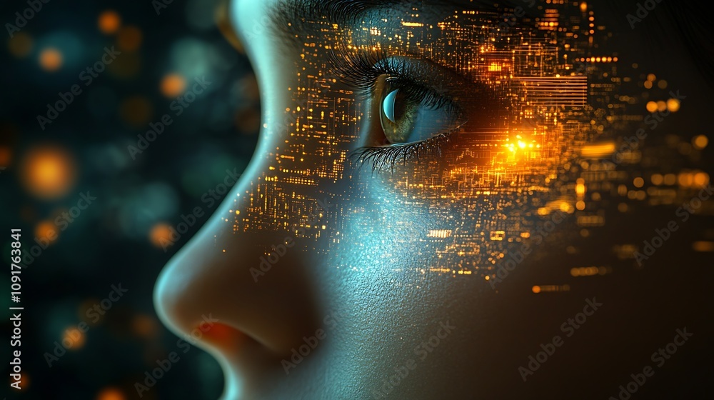 Aufkleber futuristic eye with illuminated digital circuits in dark background : generative ai