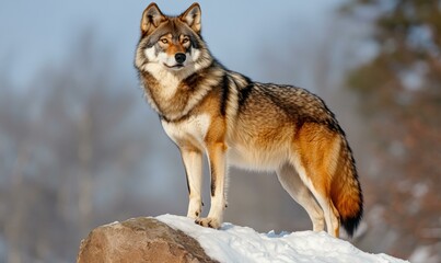 Obraz premium Majestic wolf standing on a snow-covered rock. AI.