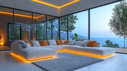 Obraz premium Spacious living area with a plush sectional and orange cushions, surrounded by glass walls that showcase stunning sunset views