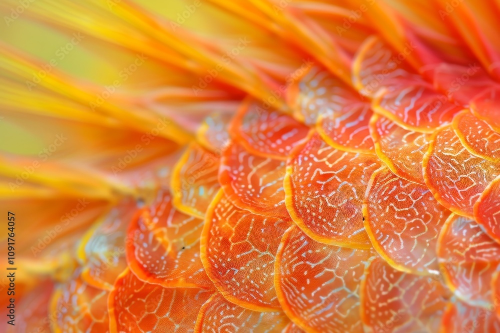 Poster the vibrant orange fish scales display intricate patterns and textures, illuminated by soft lighting