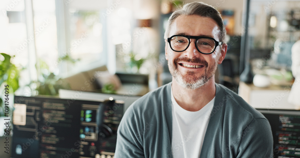 Fototapete Man, programmer and glasses in agency for portrait, web development or software engineering on screen. Mature coder, happy or tech in office for cybersecurity, programming or smile for startup growth