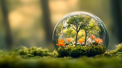 Serene Nature Scene with Trees and Flowers in Glass Globe : Generative AI