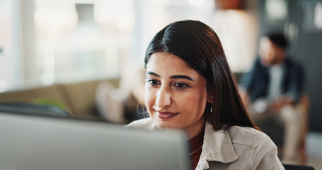 Smile, research and computer with business woman in office for planning, networking and company...