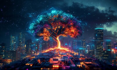 Obraz premium A Vibrant Digital Representation of a Glowing Tree Amidst a Futuristic City Skyline at Night
