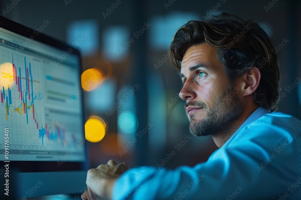 Poster young businessman in office looking at gantt chart on computer from side view